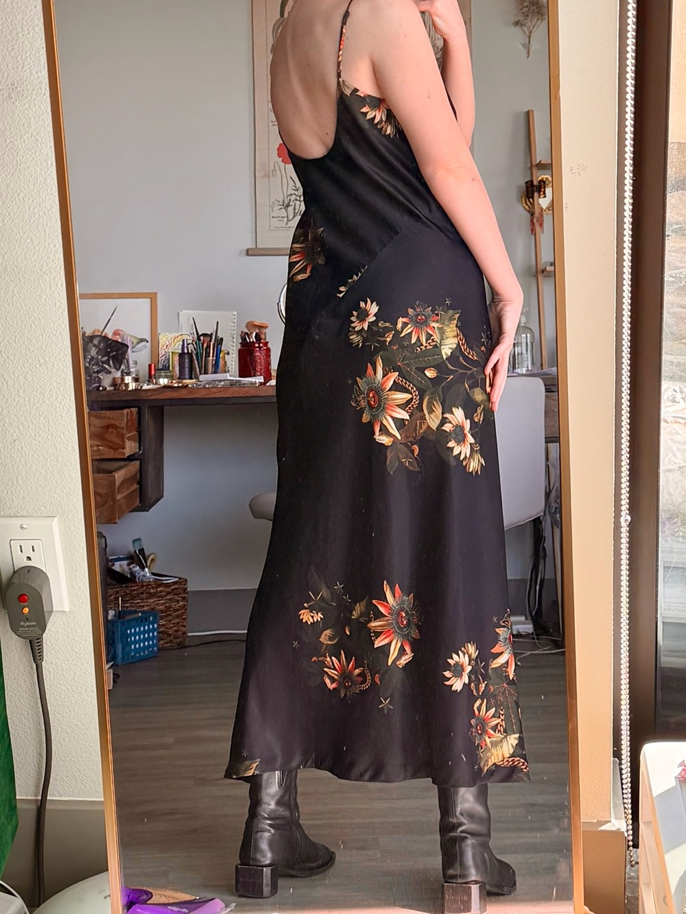 All Saints Black Slip Dress with Orange Floral Sunflower Print - Picture 4 of 4